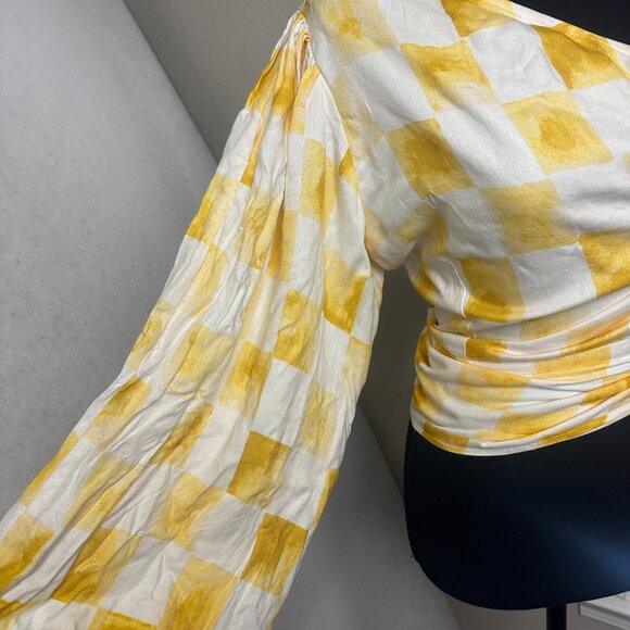 Jens Pirate Booty top shirt sz S‎ yellow check gingham one sleeve shoulder tie - Picture 4 of 9